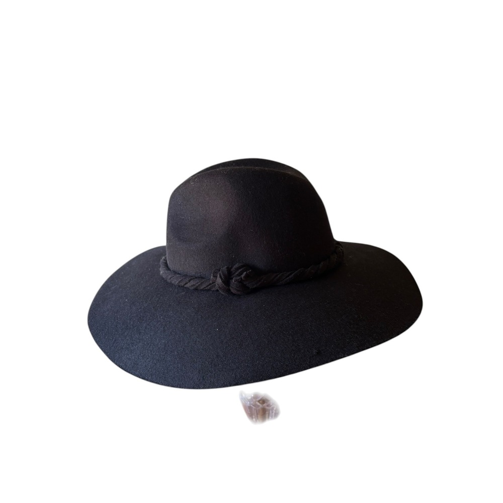 Free People Black Wool Felt Wide Brim Fedora Hat Braided Rope Band‎ One Size